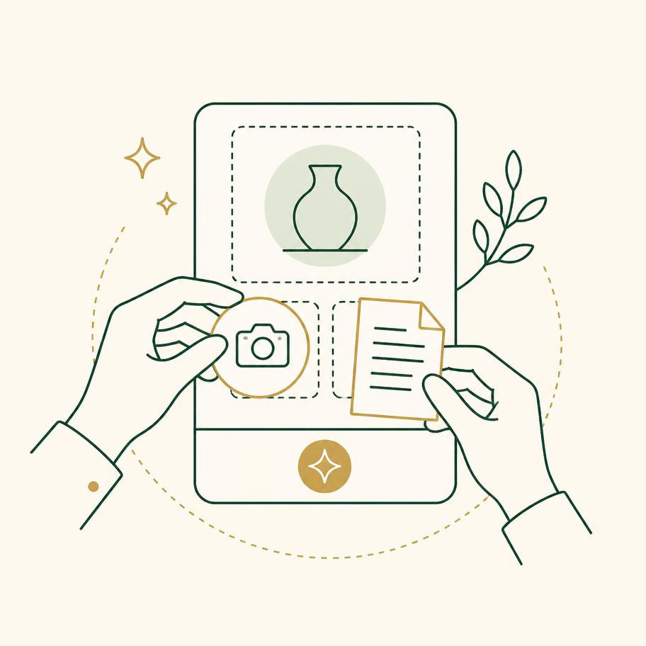 Ilustração de mãos cadastrando um item com foto e documento anexado