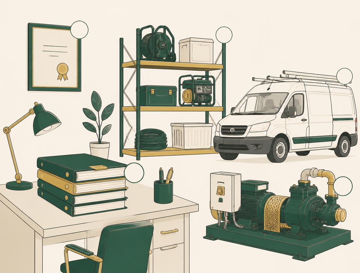 Ilustração de escritório com contratos, certificado na parede, prateleiras de estoque, van e maquinário