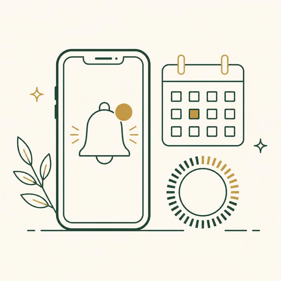 Ilustração de celular com notificação de alerta, calendário e contagem regressiva