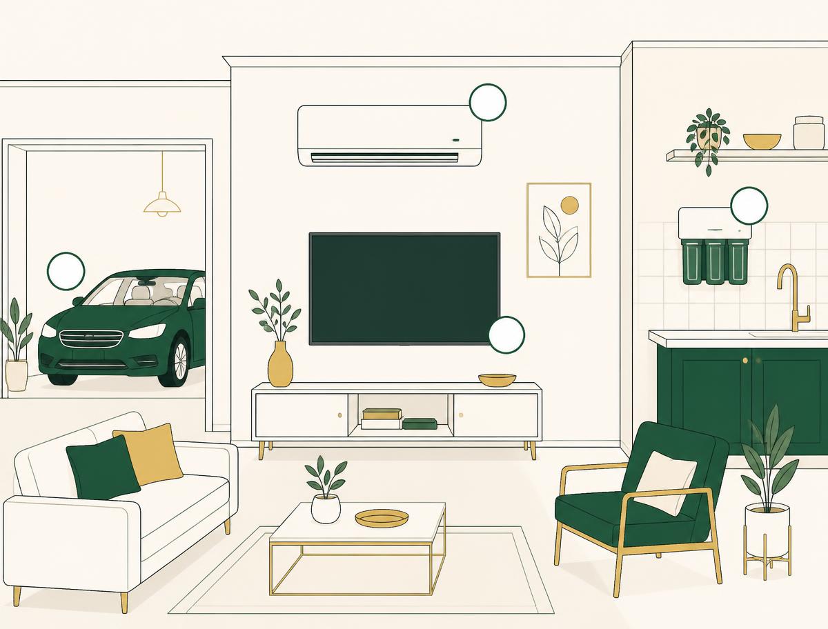 Ilustração de uma sala com TV, ar-condicionado, filtro de água na cozinha e carro na garagem
